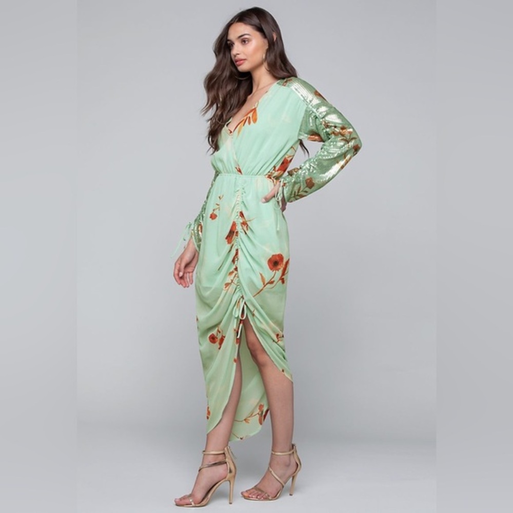 BEBE Sage Sequin Shirred Sleeve Dress